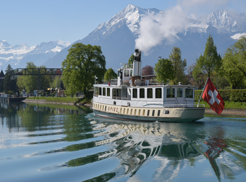 Dampfschiff "Spiez" auf dem See, Hintergrund Bergpanorama